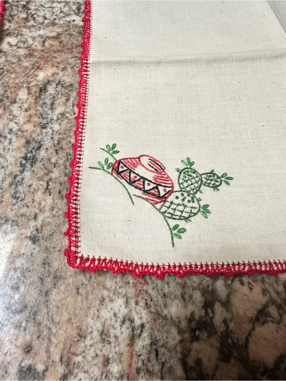 Embroidered Cactus Napkin Set with Red Crochet Edge